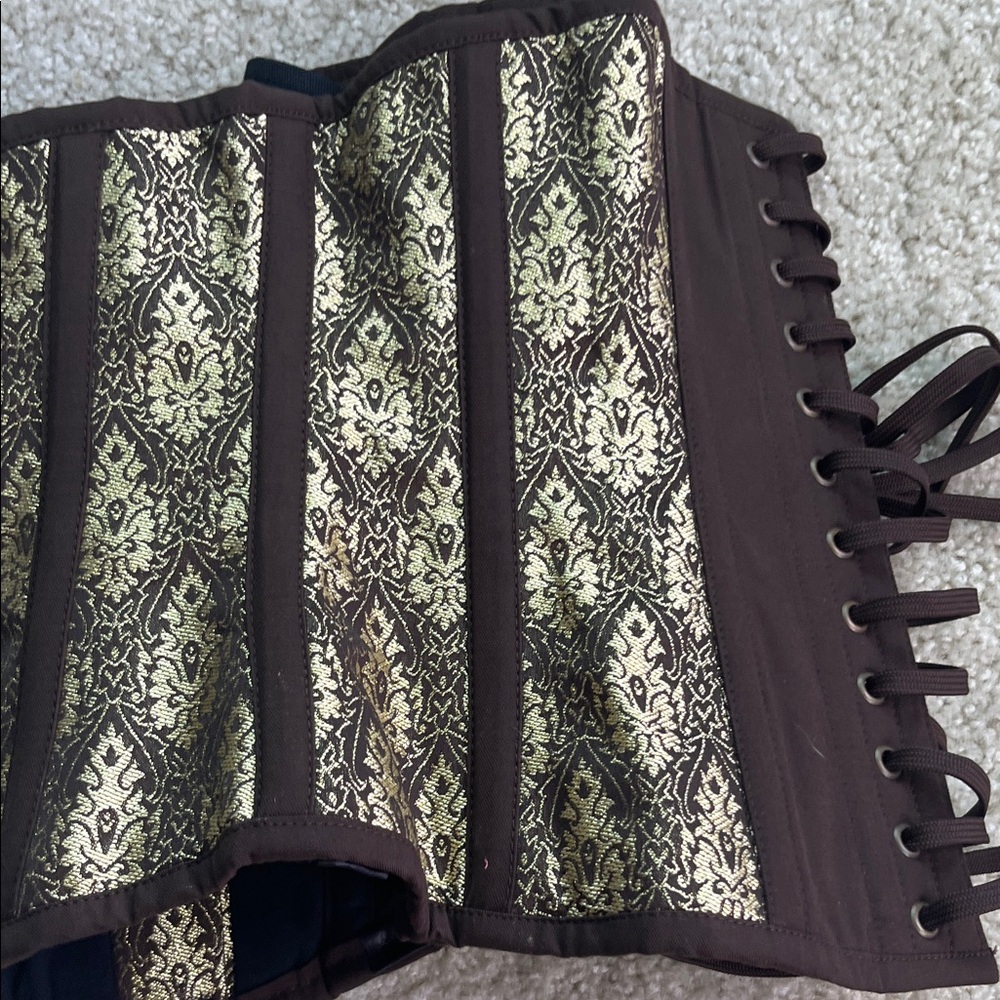 Steampunk Gothic Brown and Gold Under-bust Brocade Corset Top, NWOT, size 30 - Picture 7 of 11